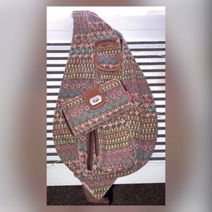 Union Bay Pink & Blue Floral Brown Rope Sling Bag W/ Matching Wallet